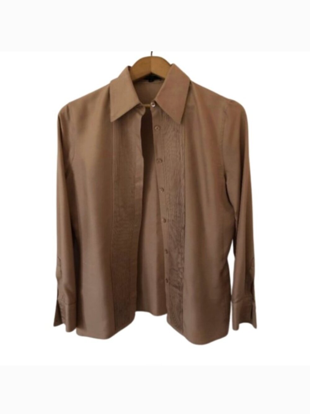 Gucci Silk Blouse | Champagne Taupe | Pleated Tuxedo Front | IT 40